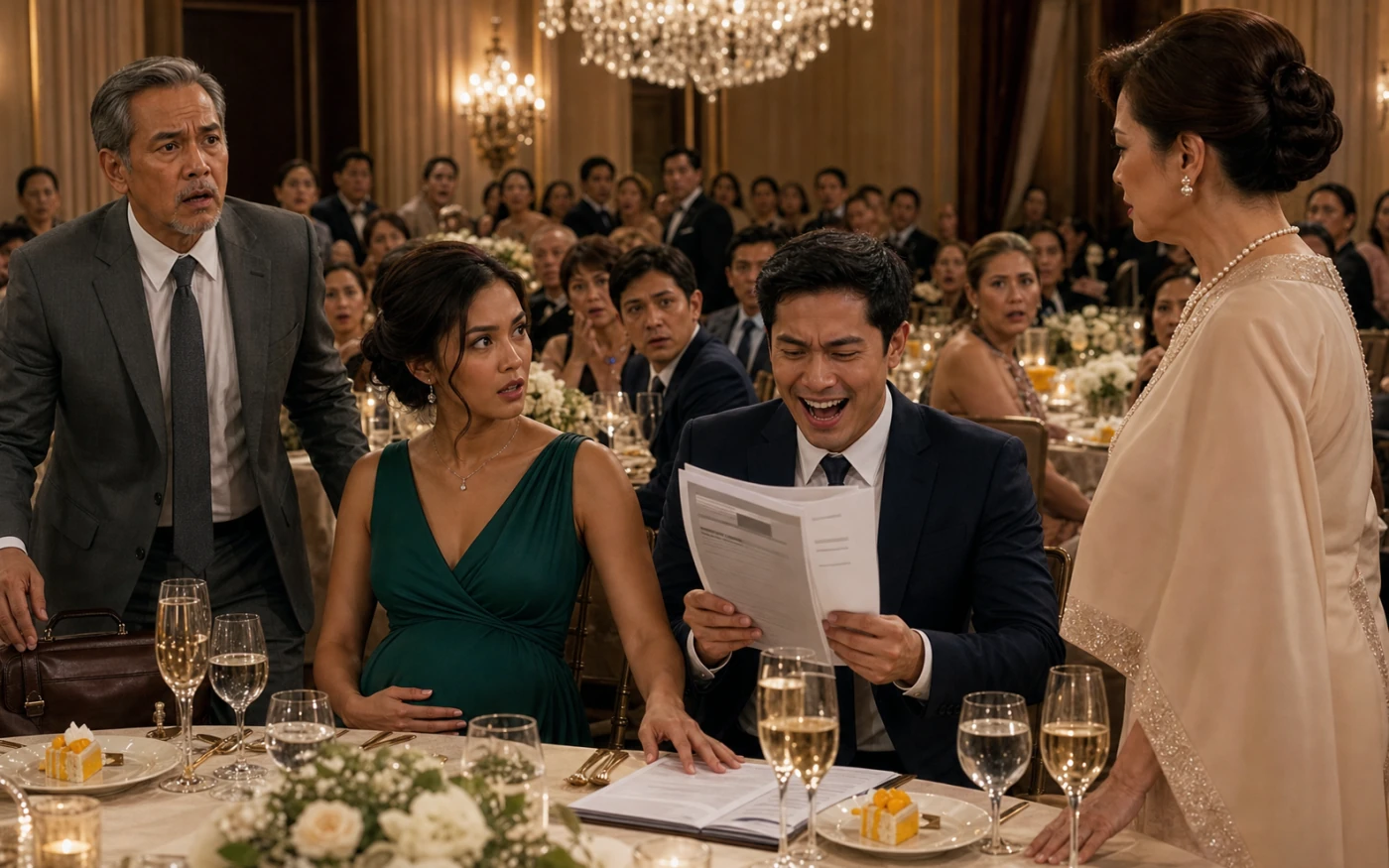 A pregnant Filipina at a formal rehearsal dinner watches her fiancé laugh in disbelief at a laboratory report while her father rises and his pearl-wearing mother looks on.