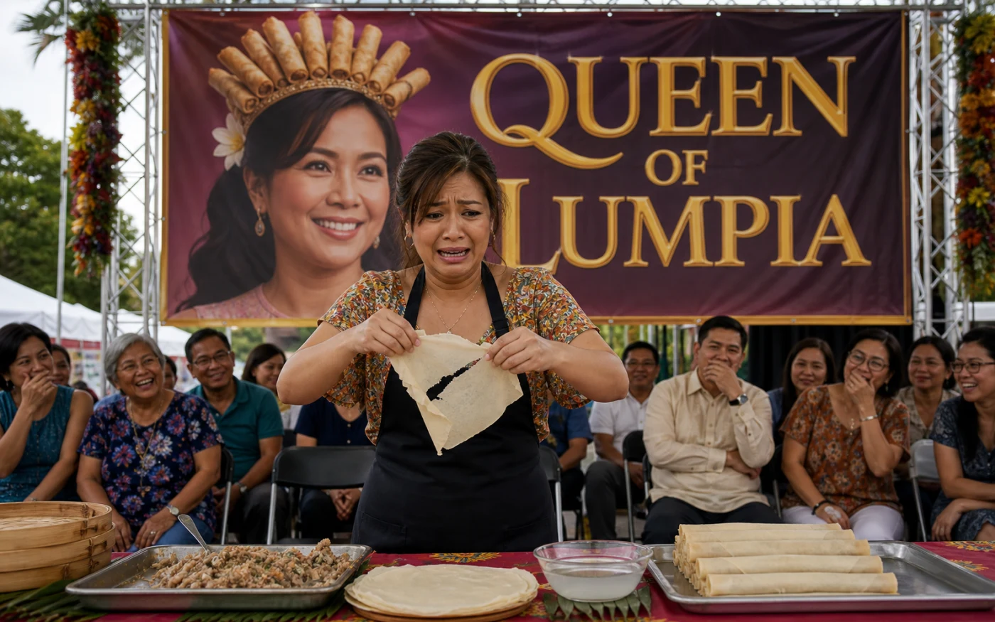 Marisa tears a lumpia wrapper during a public demonstration as laughing relatives watch beneath her enormous Queen of Lumpia banner.