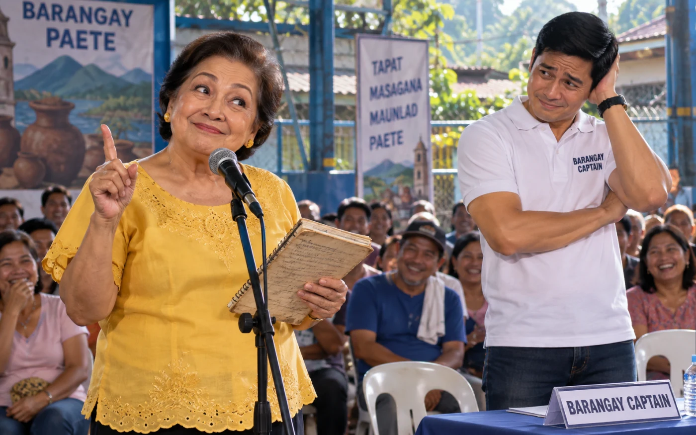 An elderly Filipina candidate teases her embarrassed son during a barangay debate.
