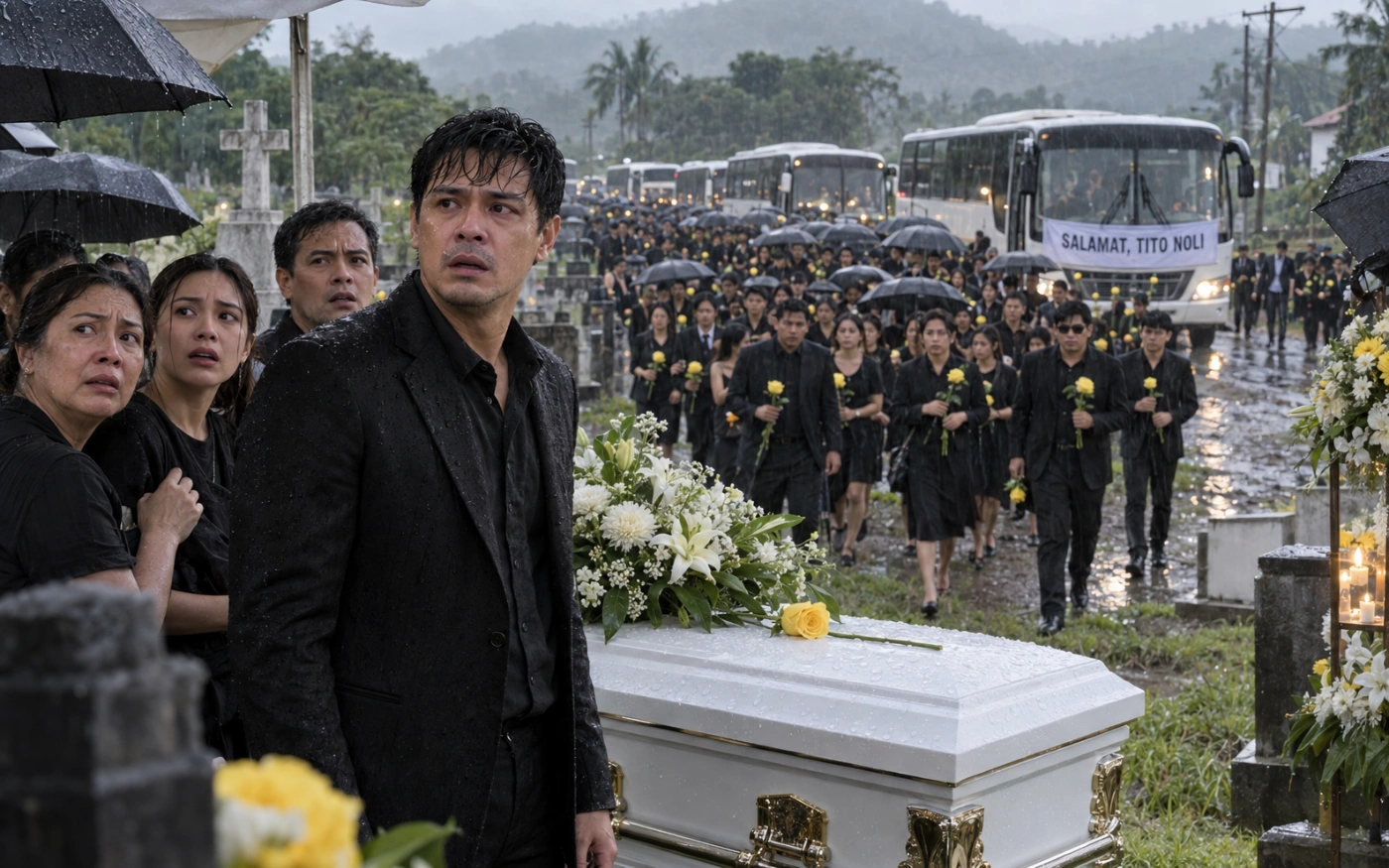 Gulat na nakatayo ang isang Pilipino sa tabi ng kabaong habang dumarating sa basang sementeryo ang mga bus at daan-daang nakaitim na nagluluksa na may dalang dilaw na rosas.
