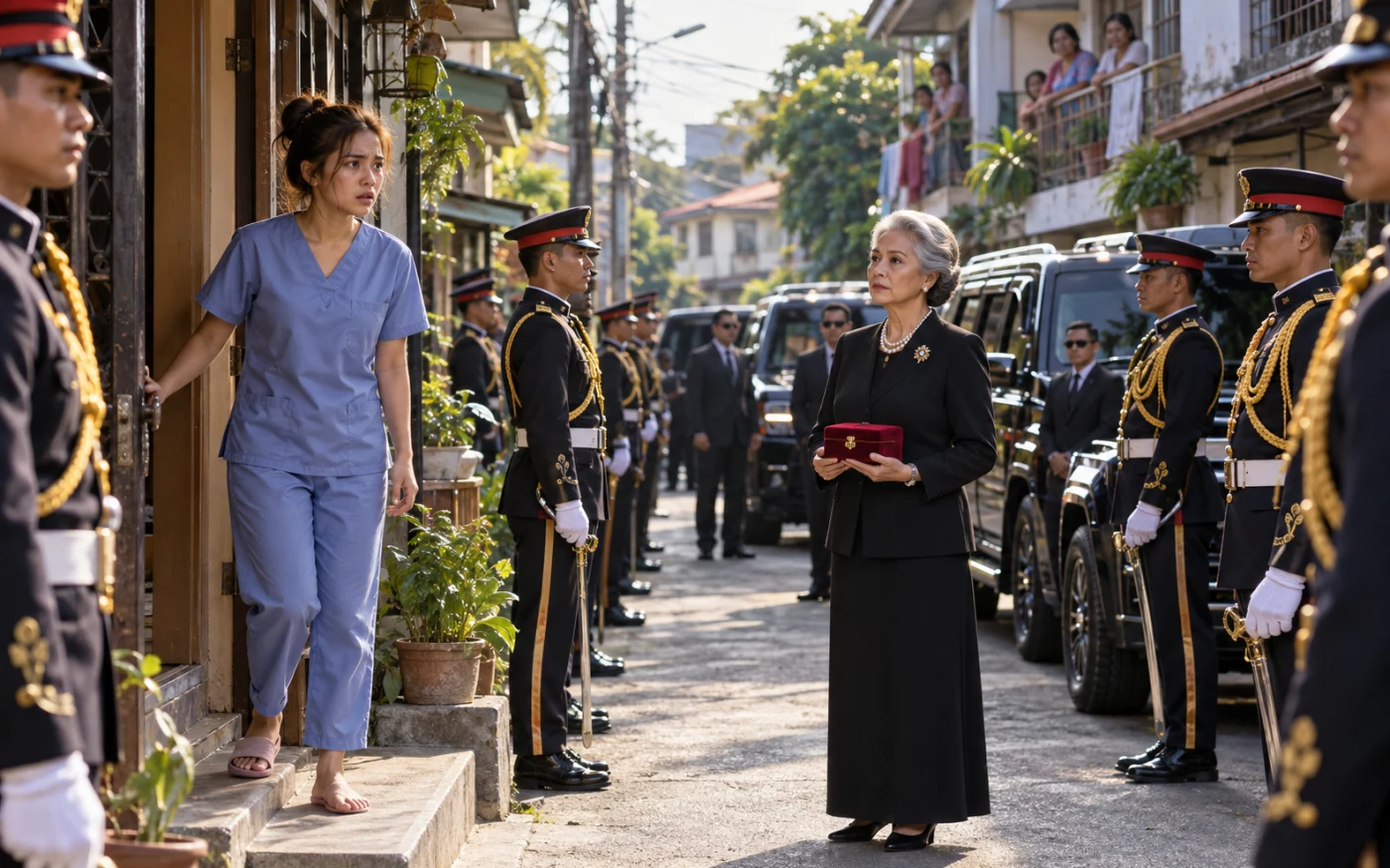 A stunned Filipina caregiver in blue scrubs steps outside as ceremonial royal guards and black vehicles fill her neighborhood street.