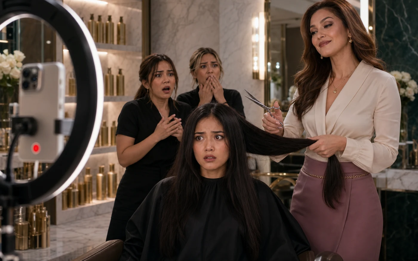 A smiling salon owner holds scissors beside an alarmed young apprentice's long dark hair while a phone records them and two coworkers react in horror.