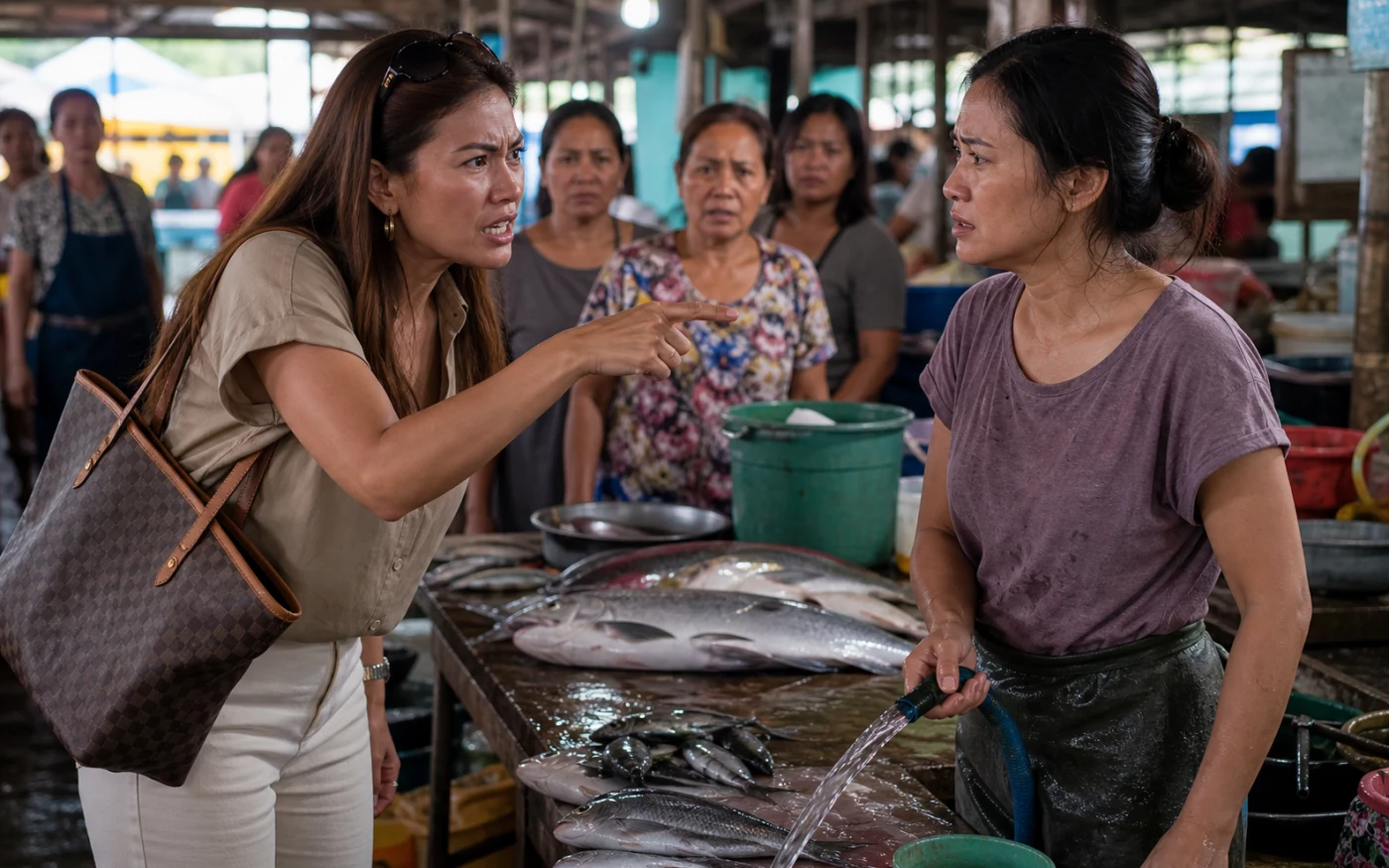 Two Filipina sisters confront each other across a wet fish-market stall as vendors watch and one sister grips a running hose.