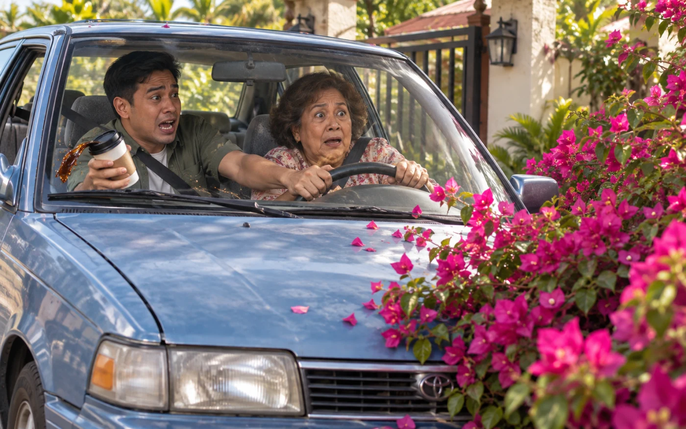 A startled older Filipina grips the wheel as her son-in-law reaches across during a driving lesson in a bougainvillea bush.