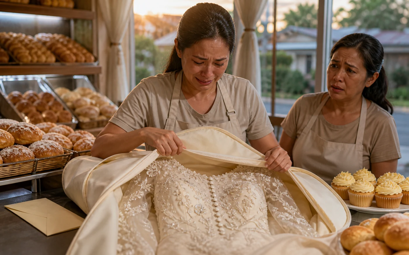 A tearful Filipina baker opens a garment bag containing an embroidered wedding gown while her assistant watches among trays of bread and cupcakes.