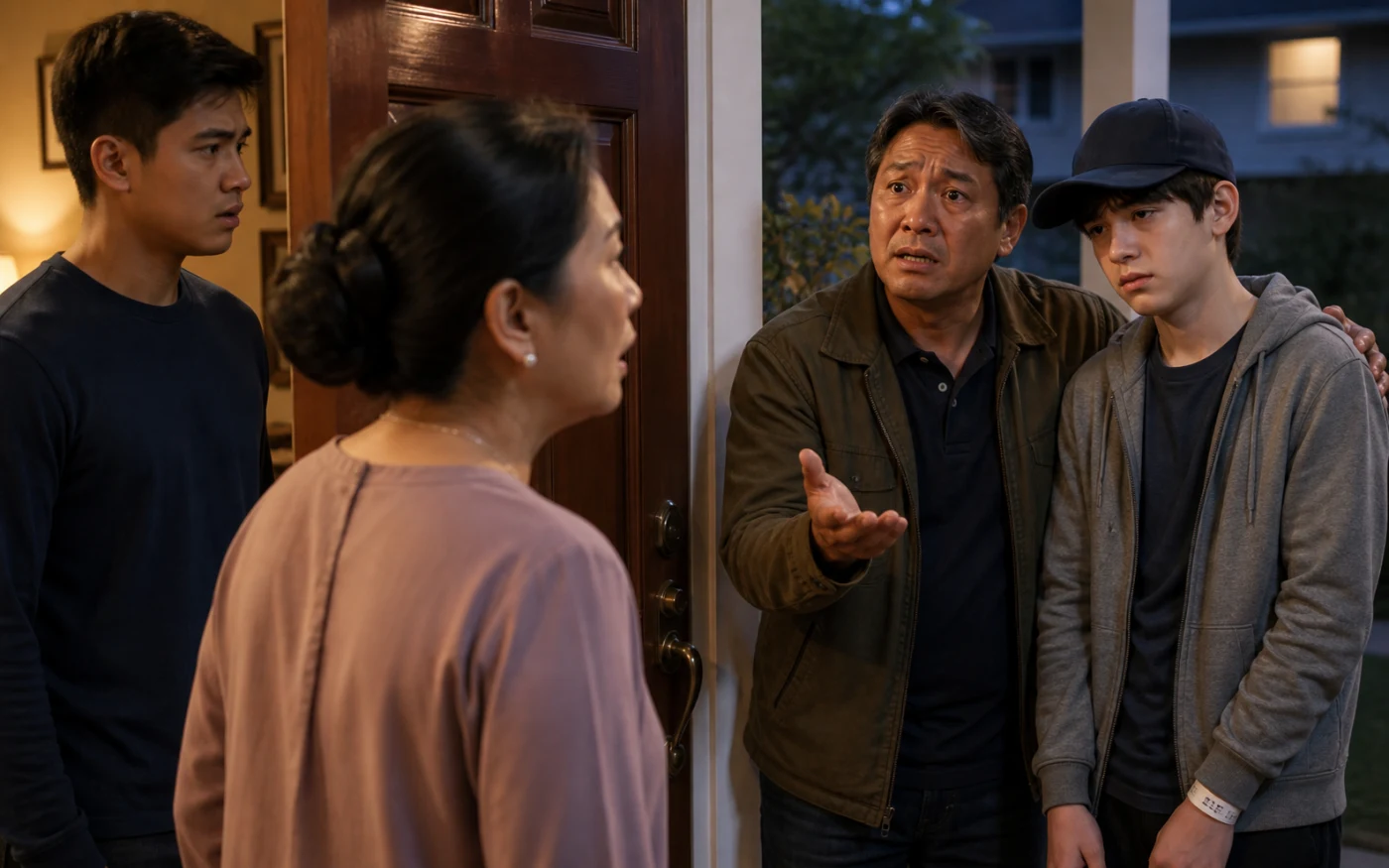 A worried father supports an exhausted teenage boy with a hospital wristband while a mother and her grown son face them from the doorway.