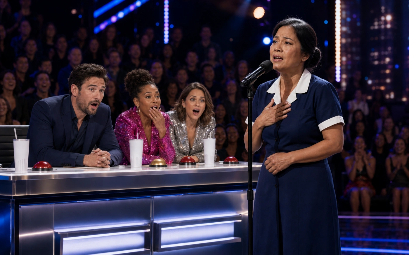 A Filipina diner waitress sings into a stage microphone while a silver-streaked talent-show judge smirks and the audience laughs behind him.