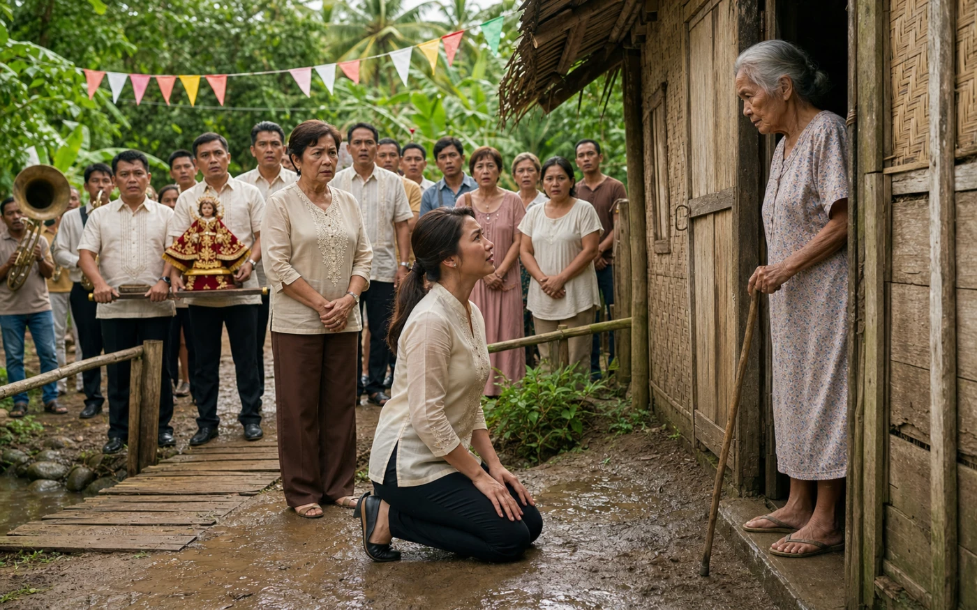 A Filipina mayor kneels in the mud before an elderly woman at a bamboo hut while a Santo Niño procession and shocked neighbors watch.