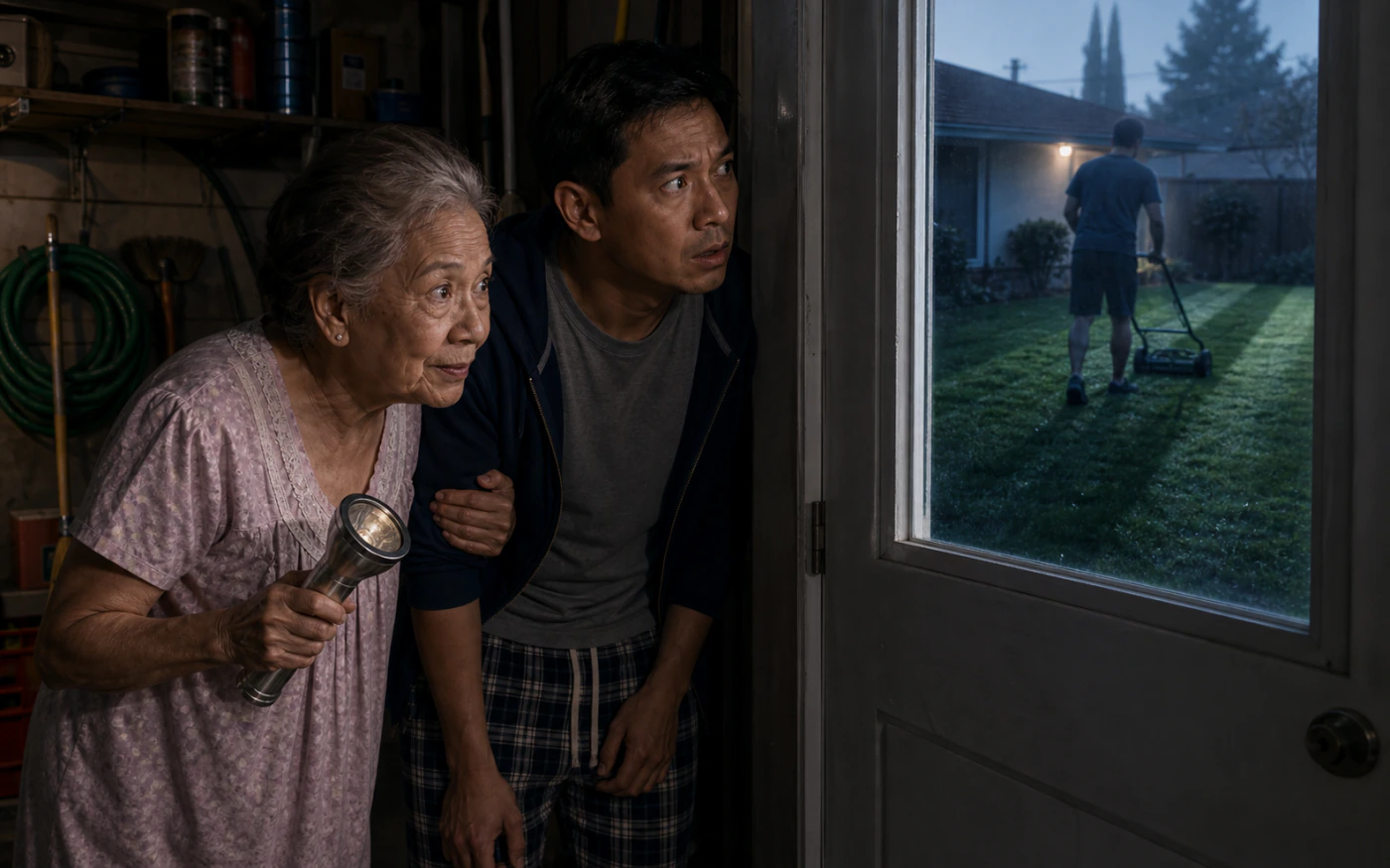 An elderly Filipina and her adult son peer through a garage window at a shadowy figure silently pushing a mower across their lawn before dawn.