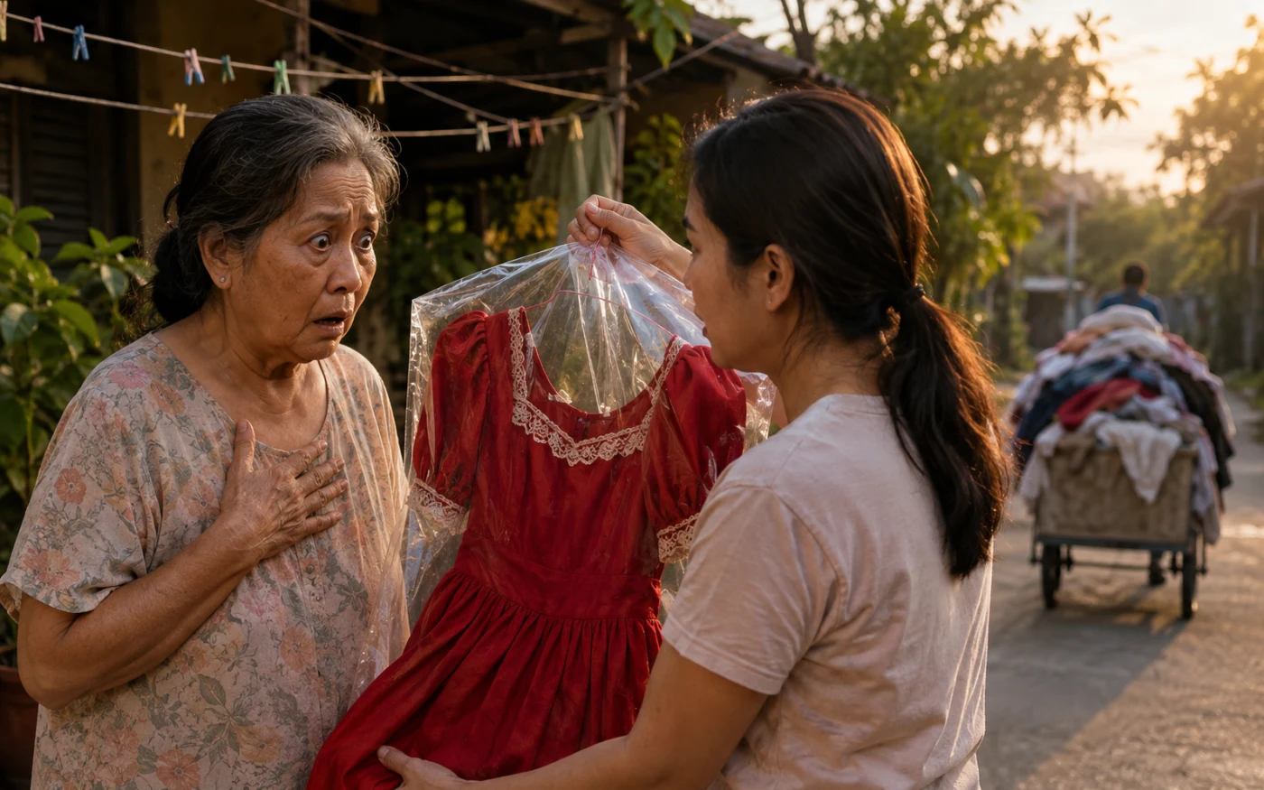 Nagulat ang isang matandang Filipina habang itinataas ng anak niyang nasa hustong gulang ang isang pulang bestida sa malinaw na supot ng labada at papalayo naman ang isang kariton sa kalsada ng barangay.