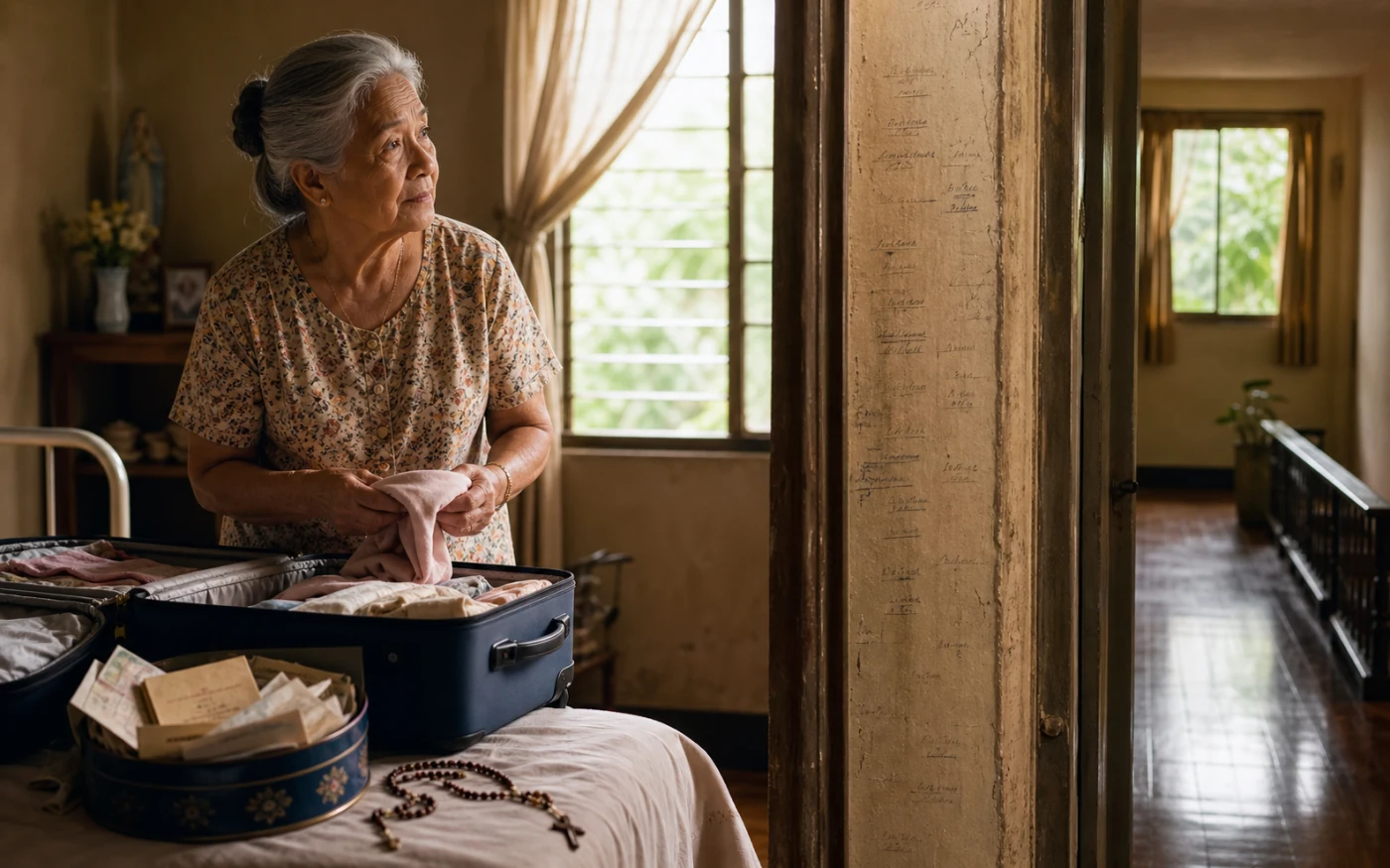 An elderly Filipina pauses over an open suitcase beside a tin of letters and a pencil-marked doorframe in her sunlit boarding house.