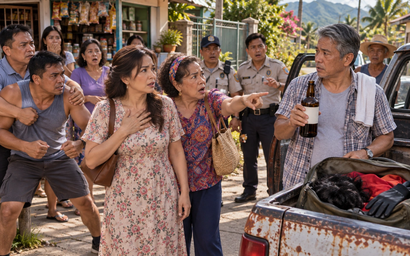 An alarmed older Filipina faces her husband holding a bottle labeled POISON beside a rusty pickup as shocked neighbors gather outside their sari-sari store.