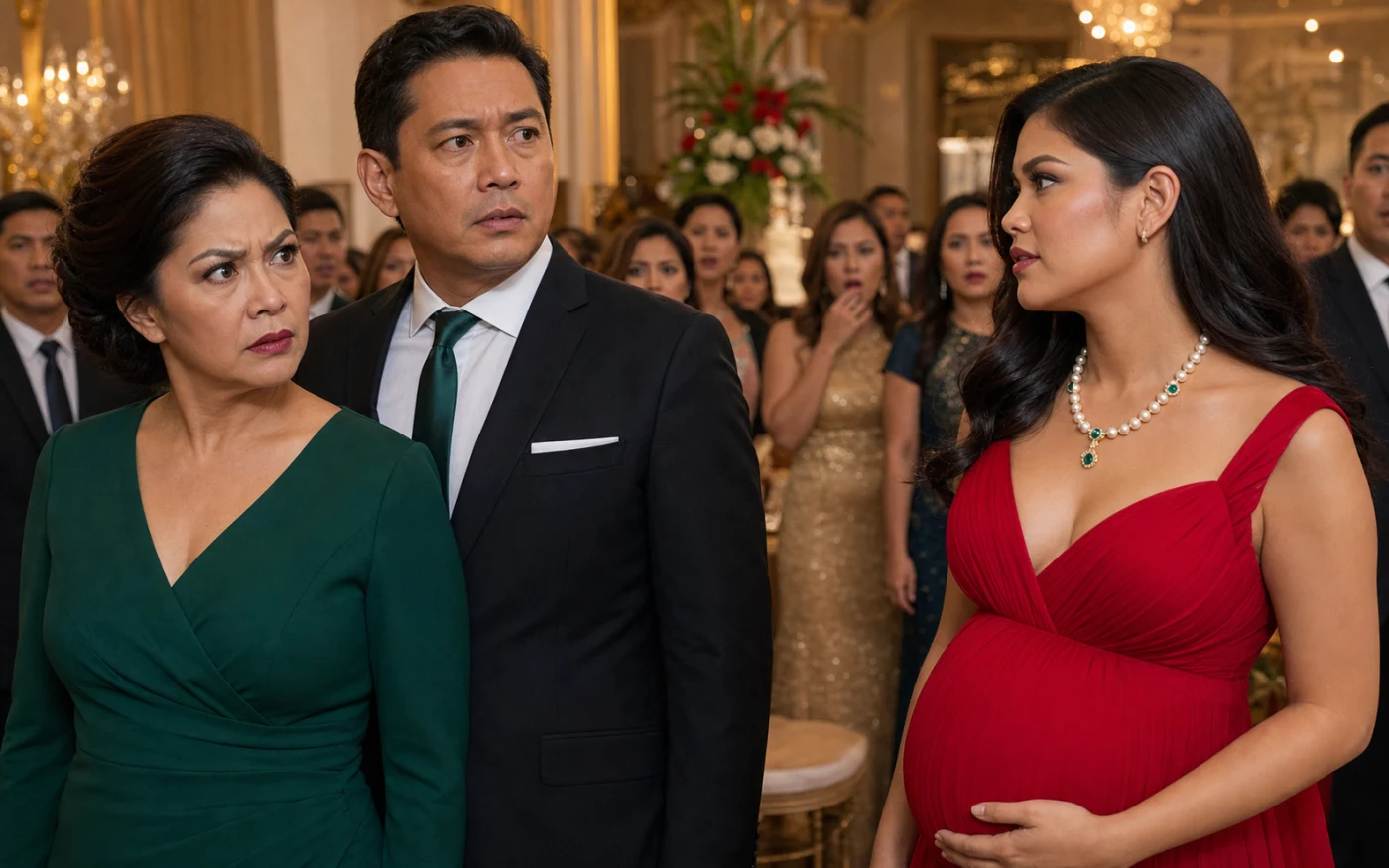 Nakatayo ang galit na Filipina na nakaberdeng bestida sa tabi ng tensiyonadong asawa niya habang suot ng isang buntis na babaeng nakapula ang kuwintas na perlas at esmeralda sa harap ng gulat na mga bisita.