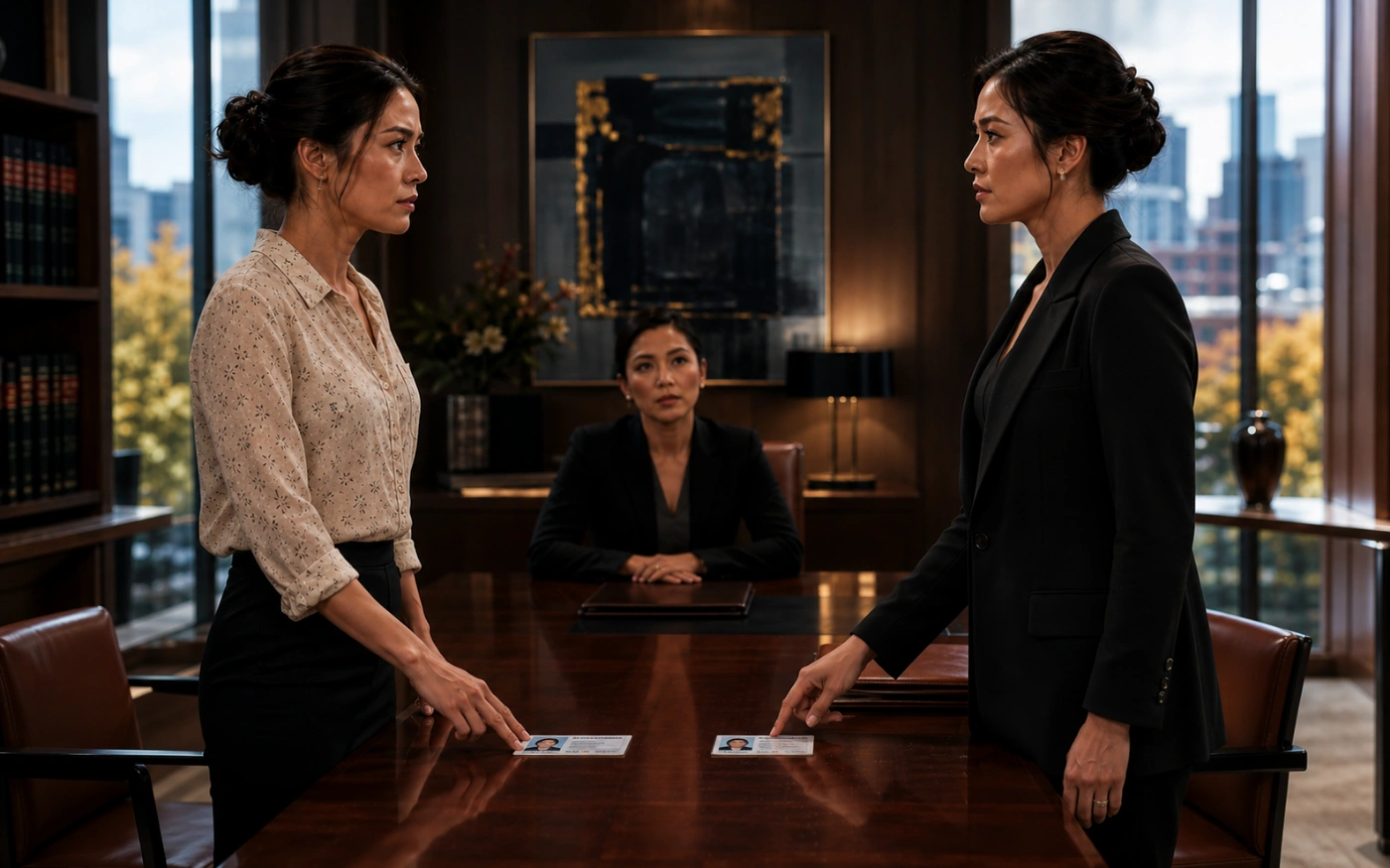 Identical twin sisters face each other across a lawyer's table, one gripping a worn box of documents and the other wearing a camel coat.