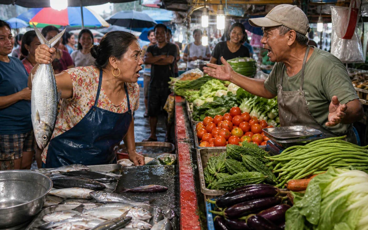 Two older Filipino market vendors argue over fish and vegetables while amused shoppers watch on a rainy morning.