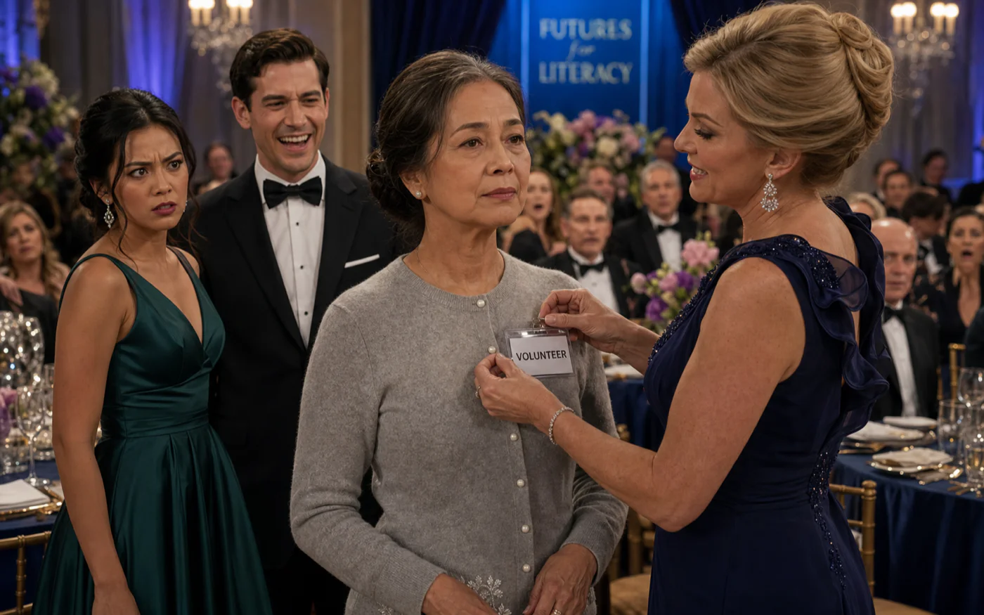 An older Filipina in a gray cardigan remains composed as a gala chairwoman pins on a volunteer badge while her daughter glares and son-in-law laughs.