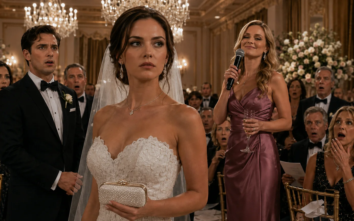 A composed bride holds a closed glittering clutch while her maid of honor delivers a scandalous wedding toast to shocked guests.