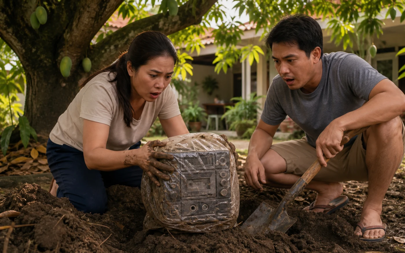 A Filipina woman and her brother uncover a plastic-wrapped vintage karaoke machine beneath a mango tree.