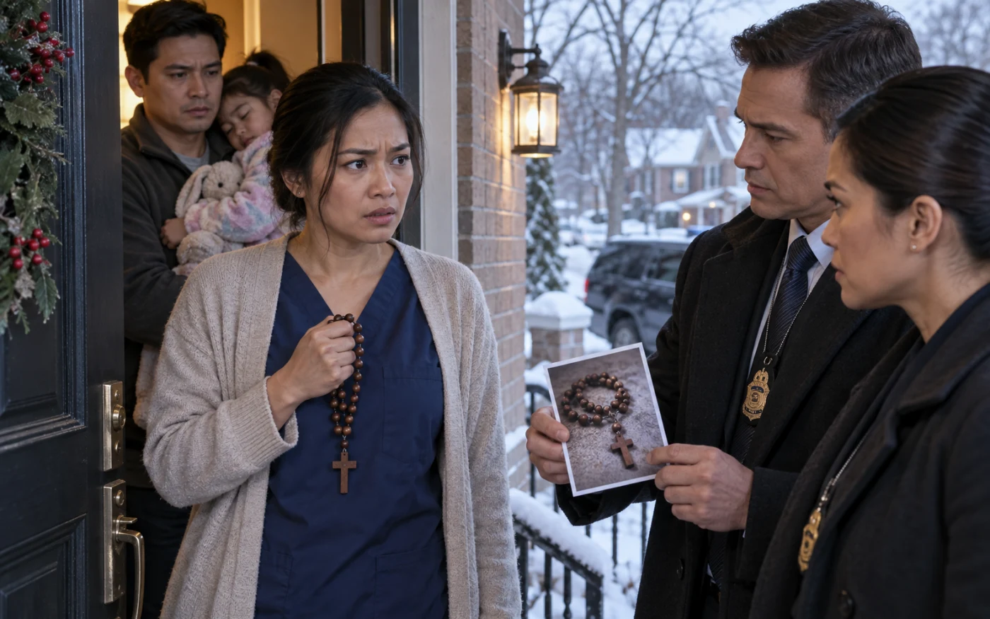 May hawak na rosaryong kahoy ang isang Filipina nurse habang kinakaharap niya ang dalawang federal agent sa porch na nababalutan ng snow.