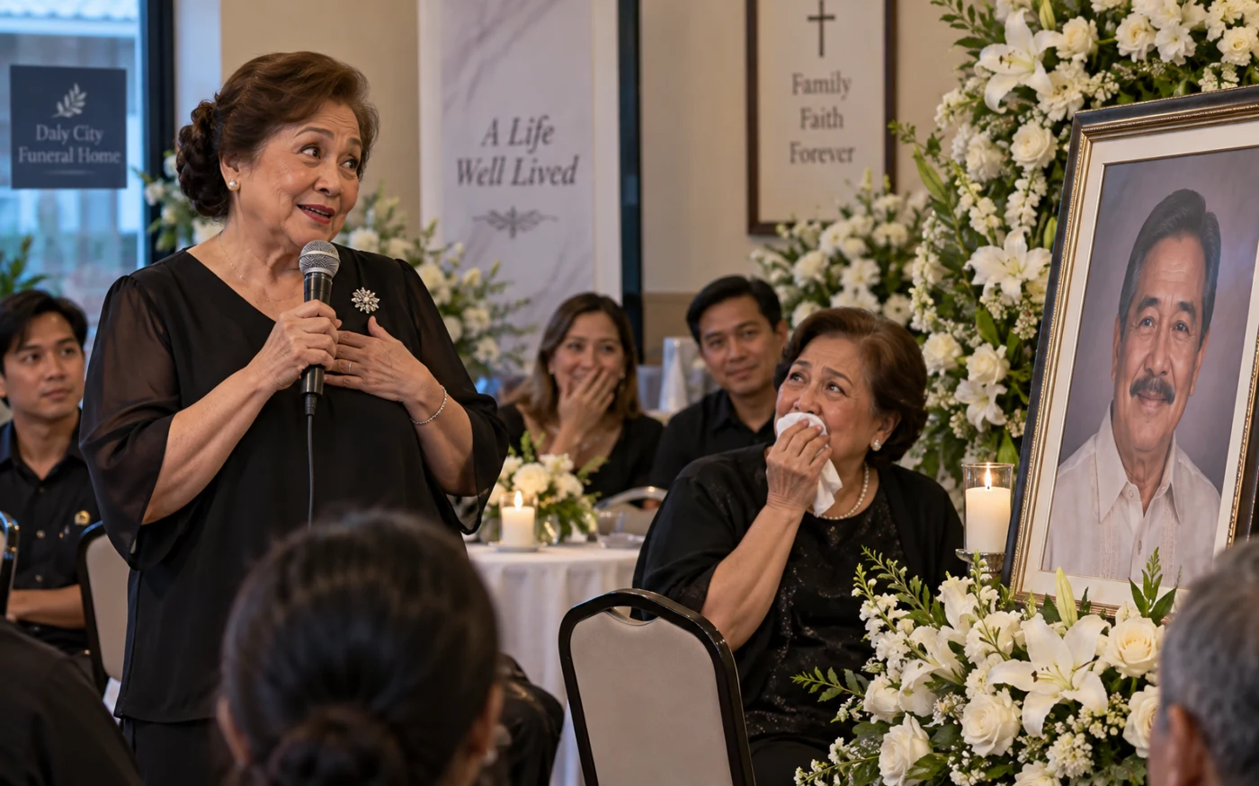 An older Filipina delivers an improvised eulogy beside a grieving widow and a portrait of a mustached man.